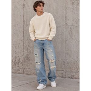 B DENIM Jeans Mens 32 Distressed Ripped Paint Splatter Button Fly Wide Leg NWT
